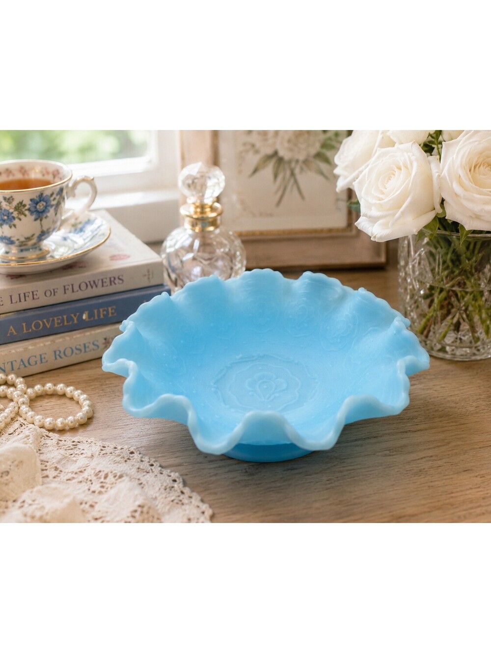 Vintage Fenton Blue Satin Persian Medallion Ruffled Glass Bowl 1970s